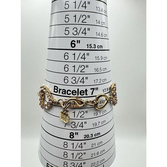 Monet Gold Tone Pink Rhinestone Heart Link Bracelet 7.25”‎ Needs One Stone - Picture 8 of 10